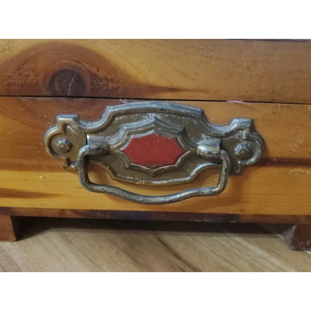 Vintage Rustic Wood Trinket Box Flat Top Storage Chest Striped Metal